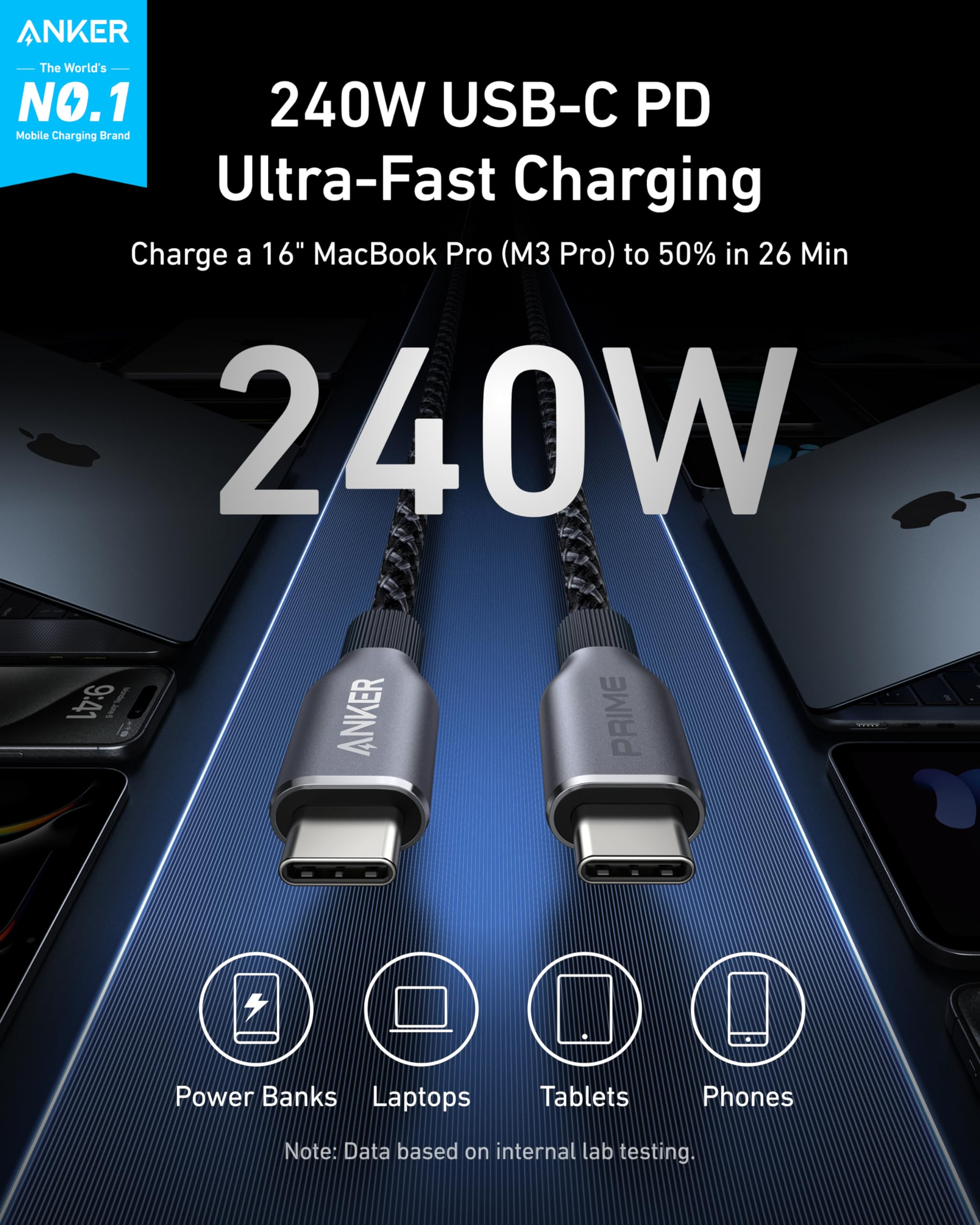 Anker Prime USB-C to USB-C Cable (6FT, 240W, Upcycled-Braided)- Black Anker Prime USB-C to USB-C Cable (6FT, 240W, Upcycled-Braided)- Black
